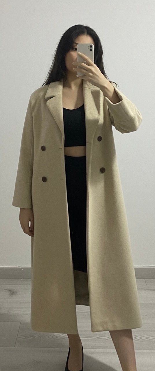 Düğmeli Bej Kadın Uzun Kaşe Kaban - Görsel 2