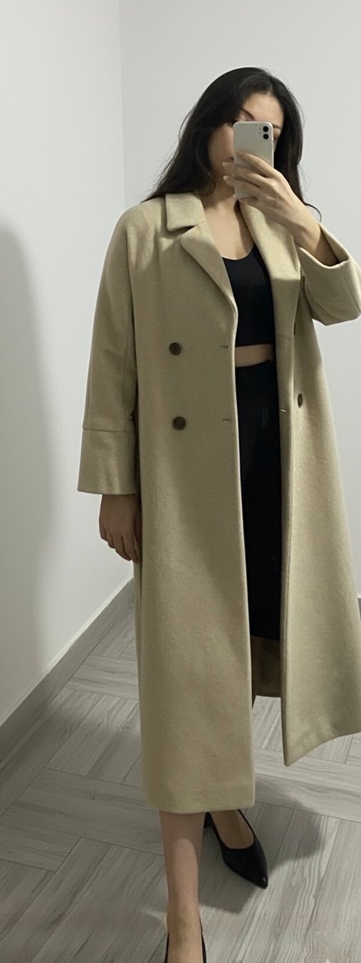 Düğmeli Bej Kadın Uzun Kaşe Kaban - Görsel 3