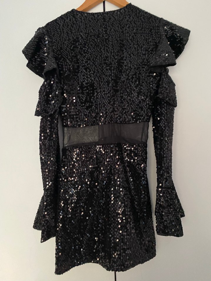 Siyah Parlak Mini V Yaka Abiye Elbise - Görsel 2