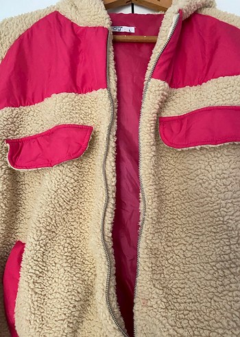 Kapüşonlu, peluş detaylı pembe kadın ceket - Görsel 4