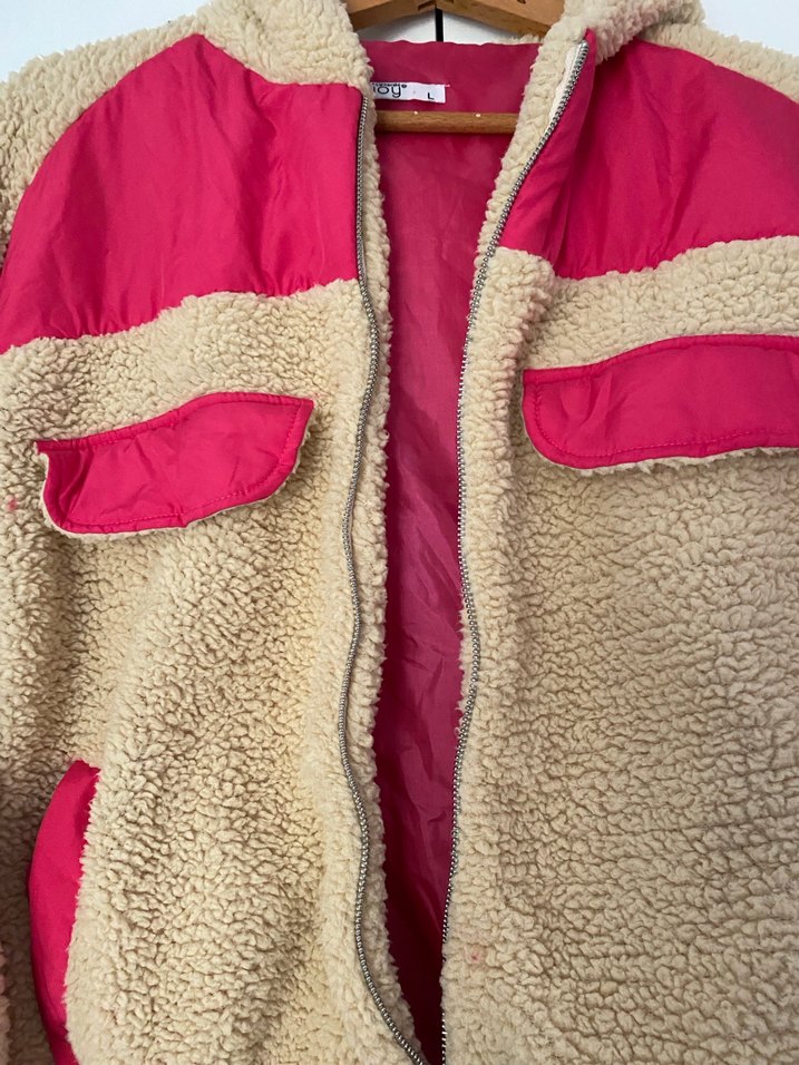 Kapüşonlu, peluş detaylı pembe kadın ceket - Görsel 4