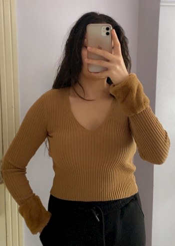 Kürk Detaylı Camel Triko Kazak Standart Beden - Görsel 2