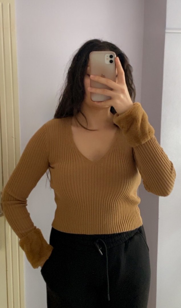 Kürk Detaylı Camel Triko Kazak Standart Beden - Görsel 2