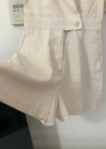 Bej Keten Düğmeli Kolsuz Tulum - Görsel 2