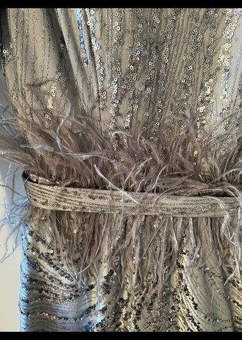 Gri Yılan Desenli Kürk Detaylı Uzun Abiye Elbise - Görsel 5