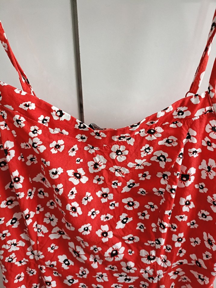 Kırmızı Çiçek Desenli Askılı Mini Elbise - Görsel 5