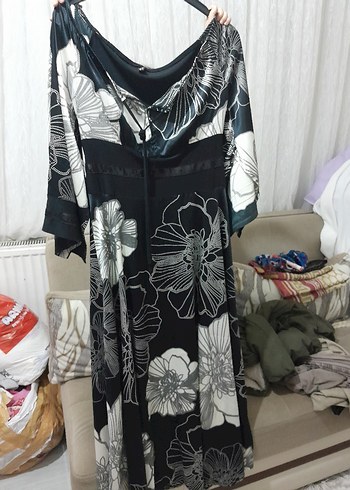 Uzun Siyah Gri Desenli elbise - Görsel 5