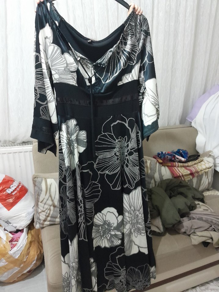 Uzun Siyah Gri Desenli elbise - Görsel 5