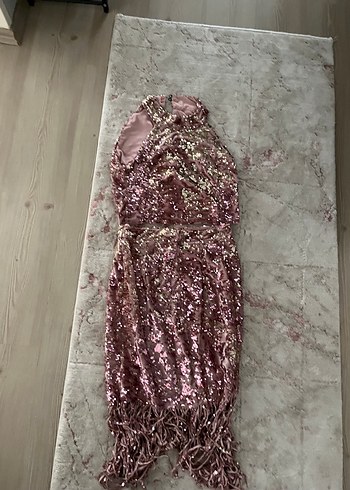 Pembe Payetli Uzun Abiye Elbise