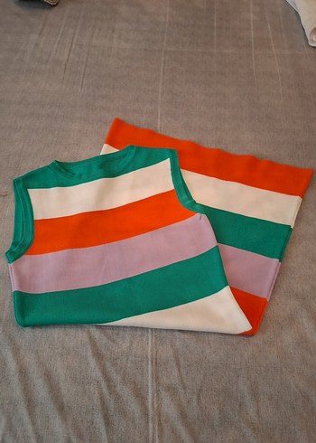 Çizgili Kadın Triko Elbise, Kolsuz midi - Görsel 2