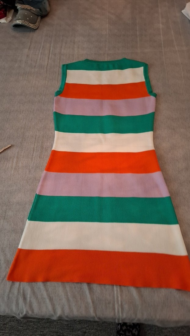 Çizgili Kadın Triko Elbise, Kolsuz midi - Görsel 4