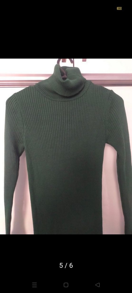 Uzun Yeşil Boğazlı Triko Elbise - Görsel 4