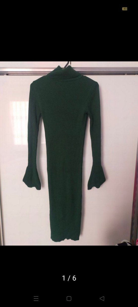 Uzun Yeşil Boğazlı Triko Elbise - Görsel 2