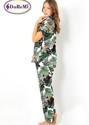 Yeşil Desenli Kadın Uzun Pijama Takımı - Görsel 3