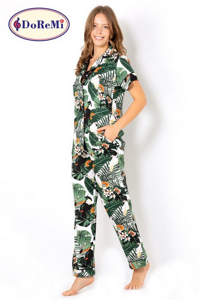 Yeşil Desenli Kadın Uzun Pijama Takımı - Görsel 2