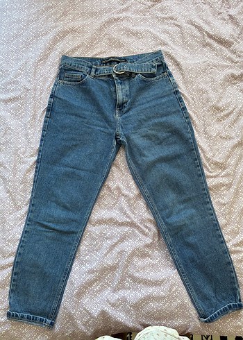 Kadın Mavi Denim Kemerli Rahat Kesim Pantolon