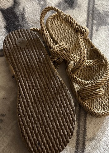 Bej keten bağcıklı dolgu topuk sandalet - Görsel 2