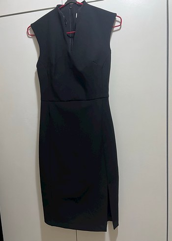 Siyah V Yaka Midi Ofis Elbisesi - Görsel 3