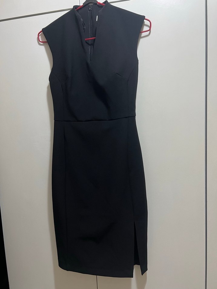 Siyah V Yaka Midi Ofis Elbisesi - Görsel 3