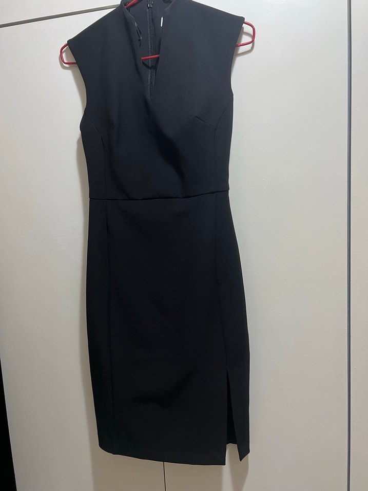 Siyah V Yaka Midi Ofis Elbisesi - Görsel 2