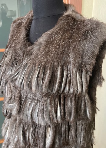 Kürk Detaylı Uzun Kadın Deri Yelek %100 tavşan - Görsel 4