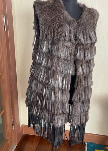 Kürk Detaylı Uzun Kadın Deri Yelek %100 tavşan - Görsel 3