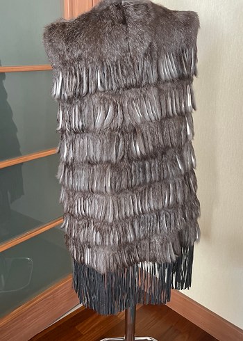 Kürk Detaylı Uzun Kadın Deri Yelek %100 tavşan - Görsel 5