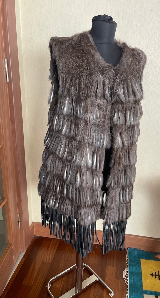 Kürk Detaylı Uzun Kadın Deri Yelek %100 tavşan - Görsel 3