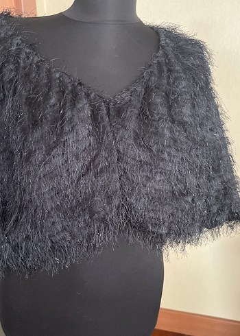 Kürk Detaylı Siyah Mini Triko Ponço - Görsel 3