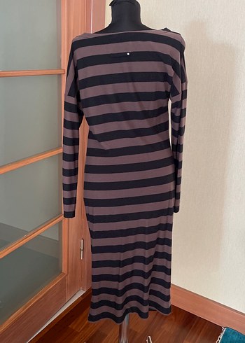 Kahverengi Zebra Desenli Uzun Drapeli Elbise - Görsel 5