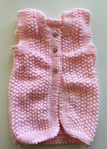 Düğmeli Pembe Örgü Kolsuz Süveter