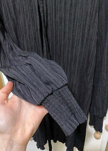 Uzun Kollu Siyah dar kesim Keten Bluz - Görsel 3