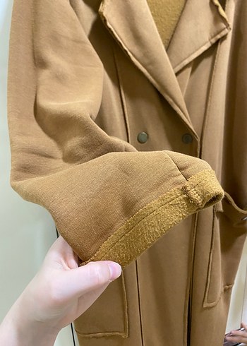 Bej Süet Düğmeli Uzun Kadın Kaban - Görsel 4