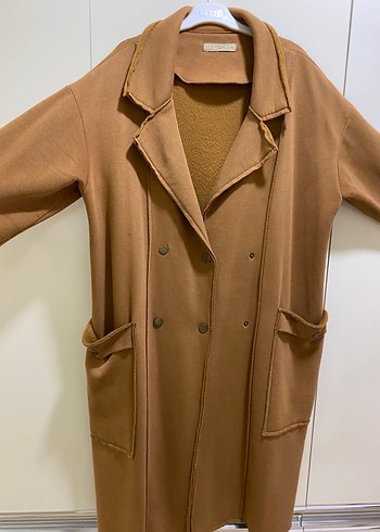 Bej Süet Düğmeli Uzun Kadın Kaban - Görsel 2