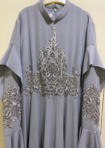 Nakışlı Gri Uzun Abiye Elbise - Görsel 8