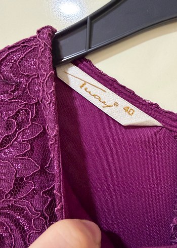 Mor Dantel Midi Uzun Kollu Kadın Abiye Elbise - Görsel 4