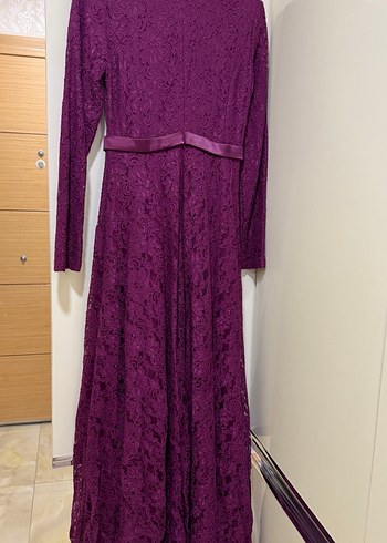 Mor Dantel Midi Uzun Kollu Kadın Abiye Elbise - Görsel 6