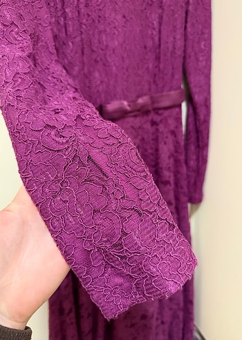 Mor Dantel Midi Uzun Kollu Kadın Abiye Elbise - Görsel 3