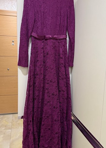 Mor Dantel Midi Uzun Kollu Kadın Abiye Elbise - Görsel 2