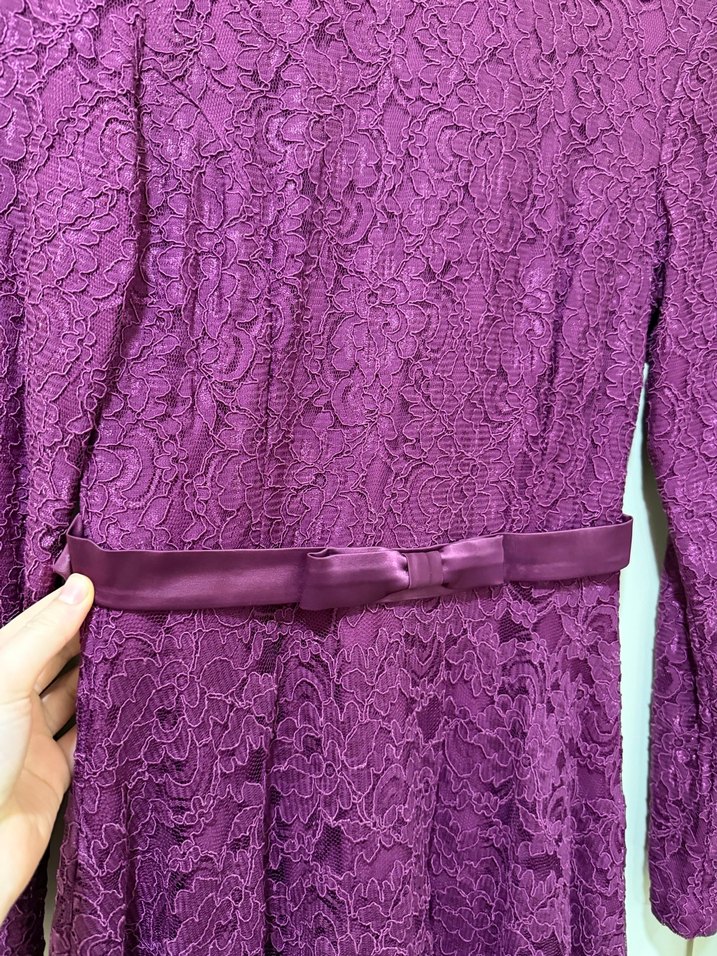 Mor Dantel Midi Uzun Kollu Kadın Abiye Elbise - Görsel 5