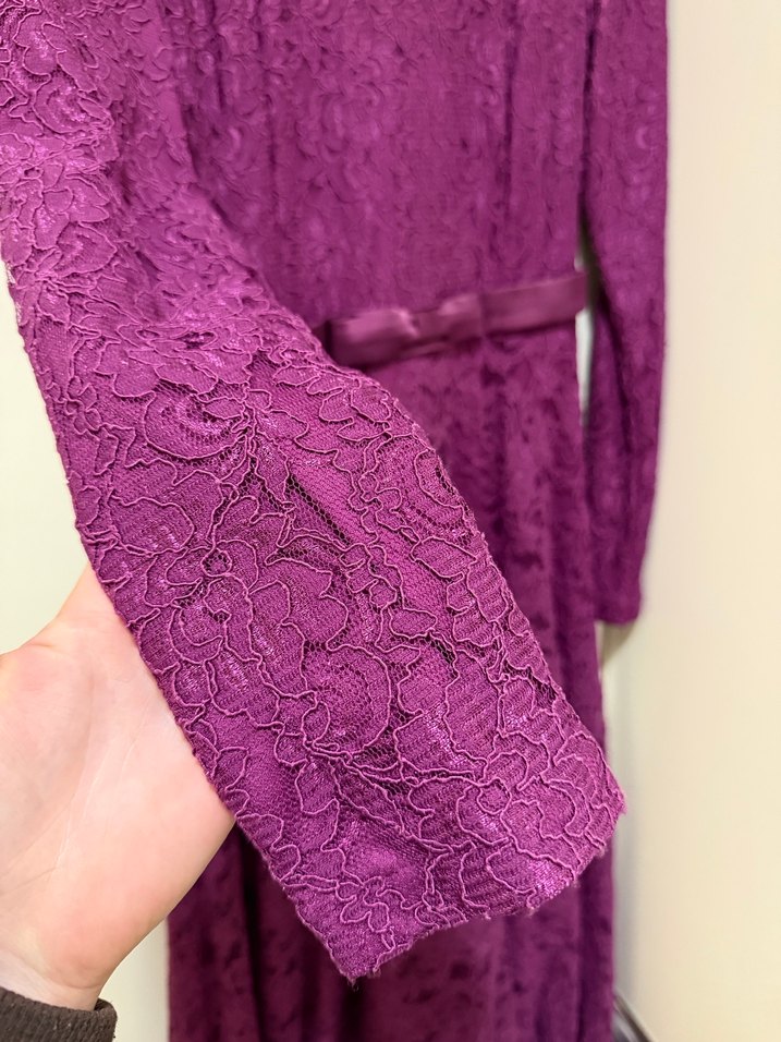 Mor Dantel Midi Uzun Kollu Kadın Abiye Elbise - Görsel 3