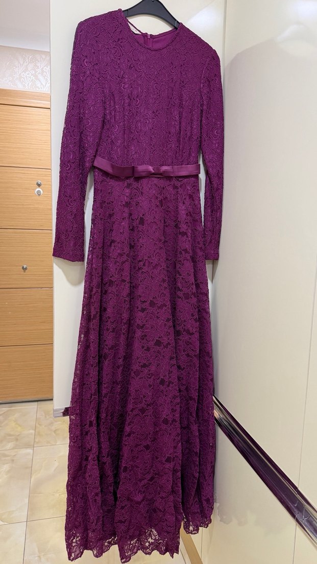 Mor Dantel Midi Uzun Kollu Kadın Abiye Elbise - Görsel 2