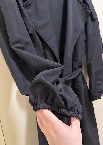 Siyah Uzun Kadın Keten Trençkot - Görsel 3