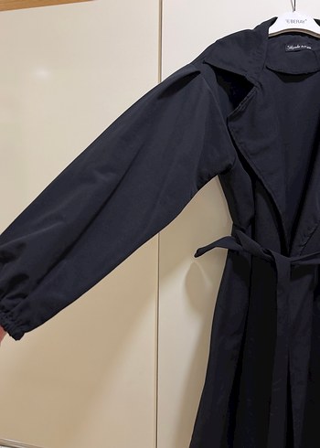 Siyah Uzun Kadın Keten Trençkot - Görsel 2