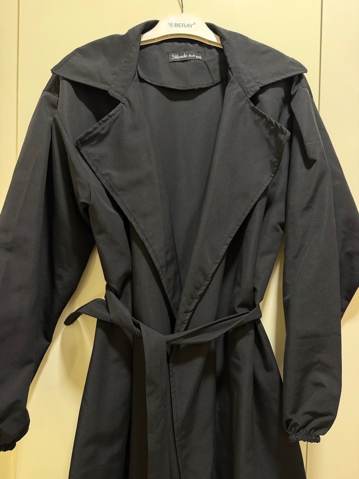 Siyah Uzun Kadın Keten Trençkot - Görsel 5