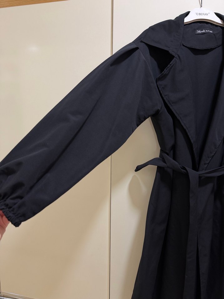 Siyah Uzun Kadın Keten Trençkot - Görsel 2