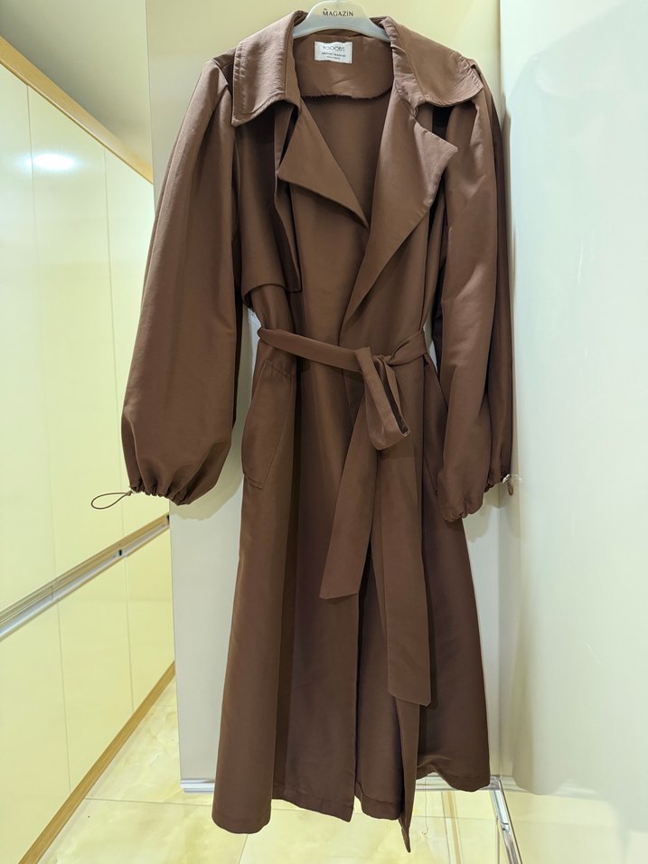Kahverengi Kemerli Uzun Kadın Trençkot - Görsel 2
