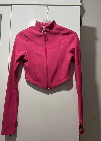 Pembe Fermuarlı Dar Kesim Kadın Crop