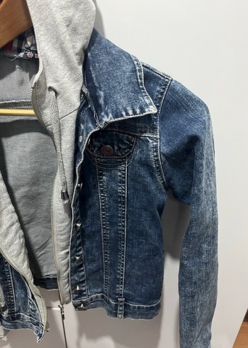 s Beden Gri Kapüşonlu Kadın Denim Kot Ceket