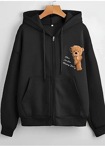Unisex Siyah Ayıcık Baskılı Hırka 